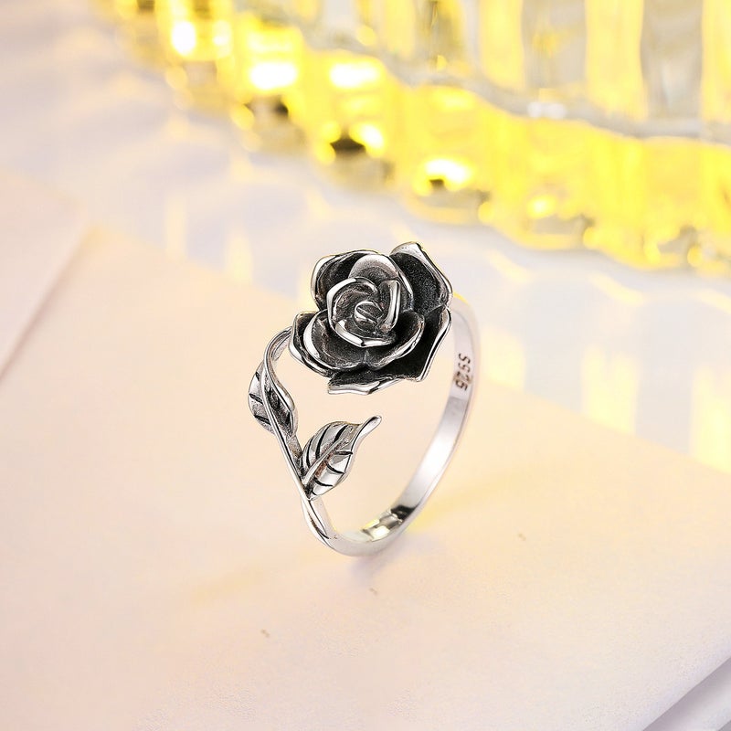 Alphm S925 Sterling Silver Adjustable Wrap Promise Rings 6 Jewelry Rose Flower Ring for Women Gift Jewelry - Image 3